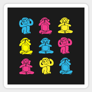 Illustration of Three Wise Monkeys in pink, blue and yellow on white background Magnet